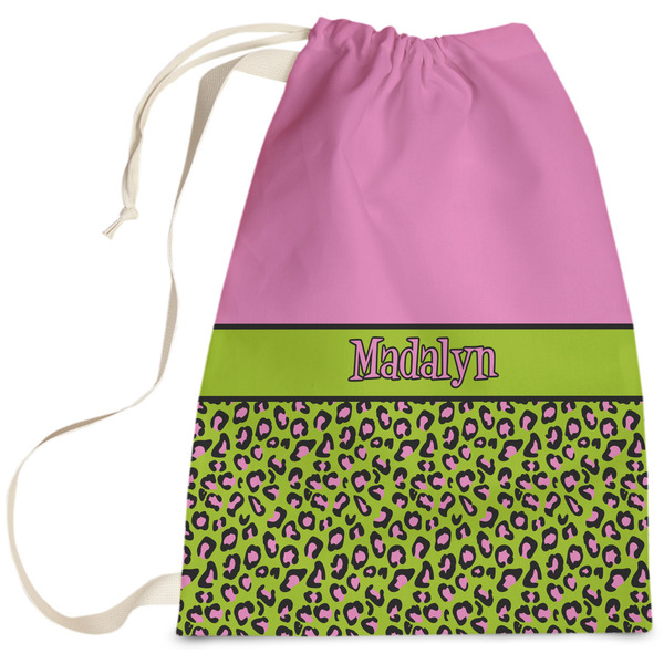 Custom Pink & Lime Green Leopard Laundry Bag - Large (Personalized)