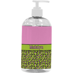 Pink & Lime Green Leopard Plastic Soap / Lotion Dispenser (16 oz - Large - White) (Personalized)