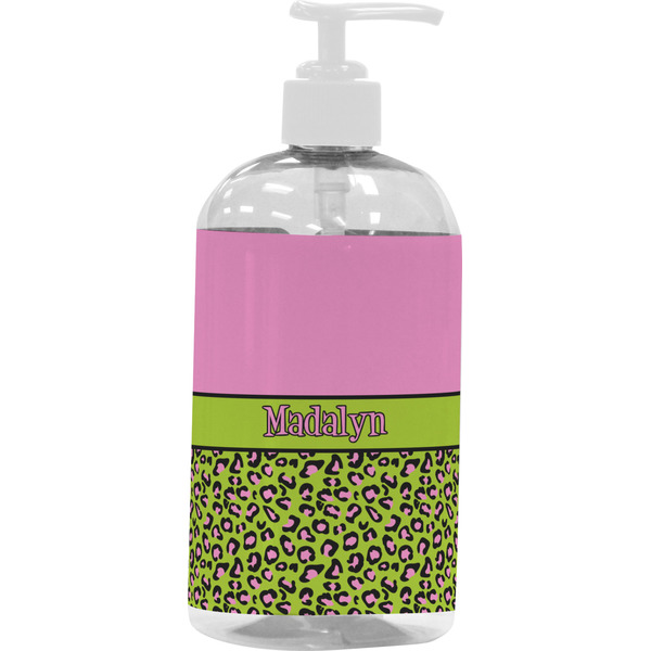 Custom Pink & Lime Green Leopard Plastic Soap / Lotion Dispenser (16 oz - Large - White) (Personalized)