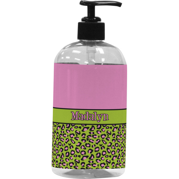 Custom Pink & Lime Green Leopard Plastic Soap / Lotion Dispenser (16 oz - Large - Black) (Personalized)