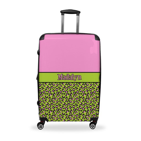 Custom Pink & Lime Green Leopard Suitcase - 28" Large - Checked w/ Name or Text