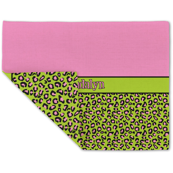 Custom Pink & Lime Green Leopard Double-Sided Linen Placemat - Single w/ Name or Text