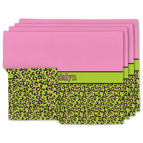 Custom Pink & Lime Green Leopard Linen Placemat w/ Name or Text