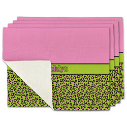 Pink & Lime Green Leopard Single-Sided Linen Placemat - Set of 4 w/ Name or Text