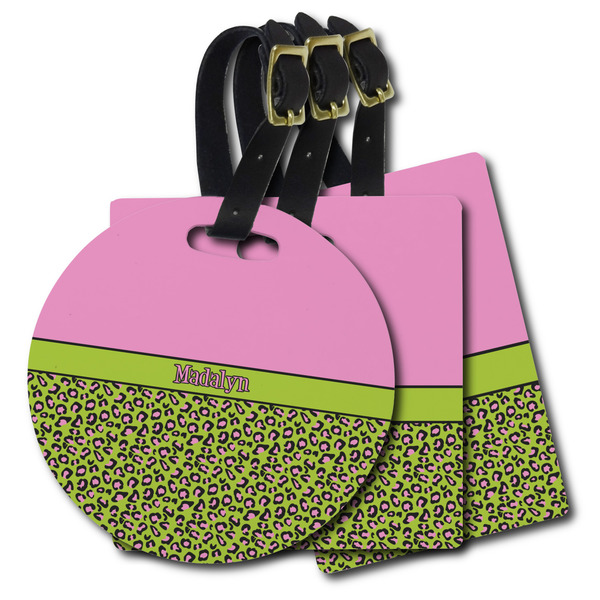 Custom Pink & Lime Green Leopard Plastic Luggage Tag (Personalized)
