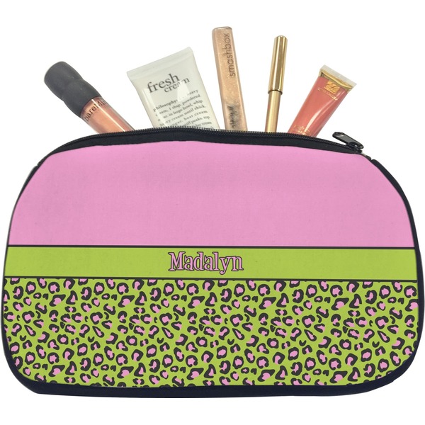 Custom Pink & Lime Green Leopard Makeup / Cosmetic Bag - Medium (Personalized)
