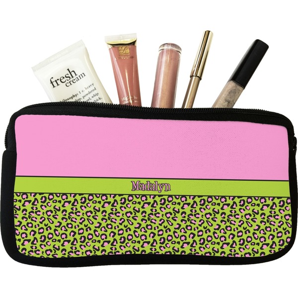 Custom Pink & Lime Green Leopard Makeup / Cosmetic Bag (Personalized)