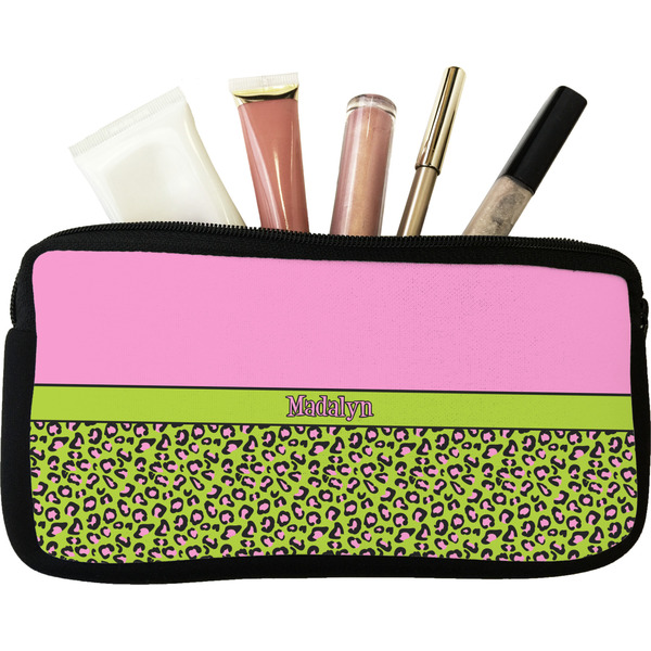 Custom Pink & Lime Green Leopard Makeup / Cosmetic Bag (Personalized)