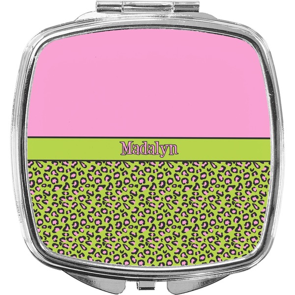 Custom Pink & Lime Green Leopard Compact Makeup Mirror (Personalized)