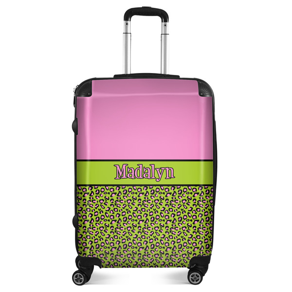 Custom Pink & Lime Green Leopard Suitcase - 24" Medium - Checked (Personalized)