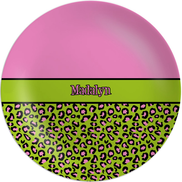 Custom Pink & Lime Green Leopard Melamine Plate (Personalized)