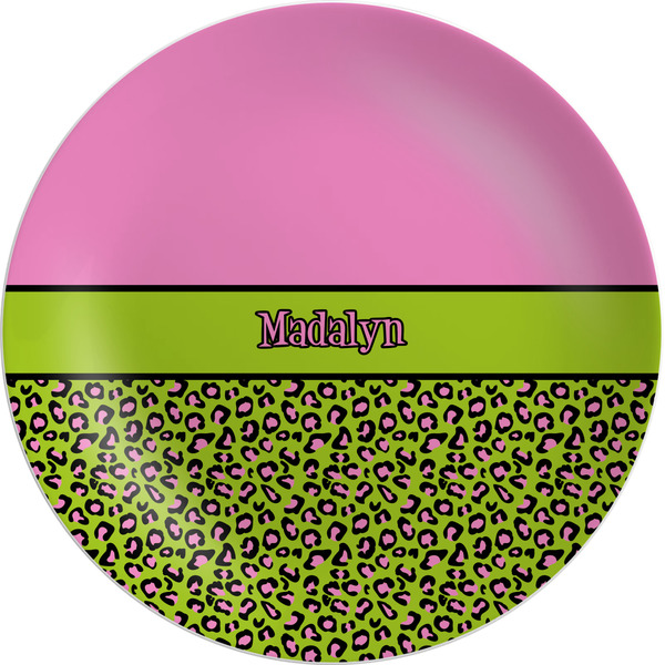 Custom Pink & Lime Green Leopard Melamine Plate - 10" (Personalized)