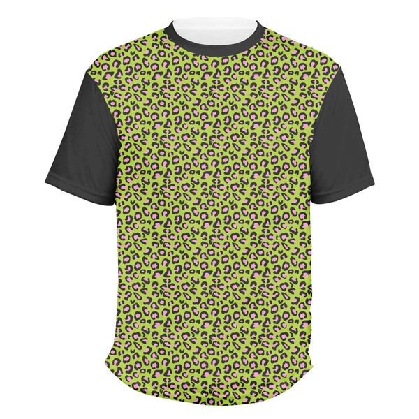 Custom Pink & Lime Green Leopard Men's Crew T-Shirt - Medium