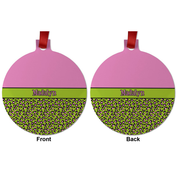 Pink & Lime Green Leopard Metal Ball Ornament - Front and Back