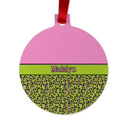 Pink & Lime Green Leopard Metal Ball Ornament - Double Sided w/ Name or Text