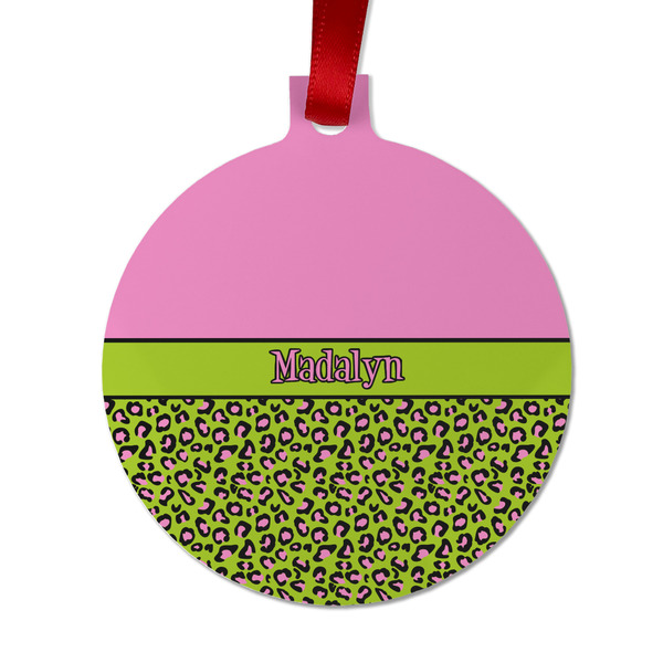 Custom Pink & Lime Green Leopard Metal Ball Ornament - Double Sided w/ Name or Text