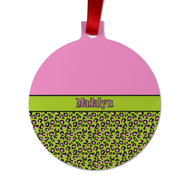 Pink & Lime Green Leopard Metal Ball Ornament - Front