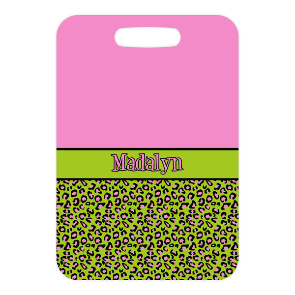 Pink & Lime Green Leopard Metal Luggage Tag - Front Without Strap