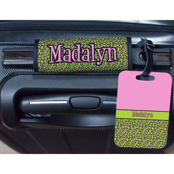 Pink & Lime Green Leopard Metal Luggage Tag & Handle Wrap - In Context