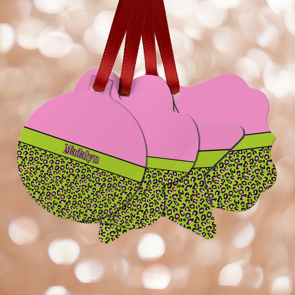 Custom Pink & Lime Green Leopard Metal Ornaments - Double Sided w/ Name or Text