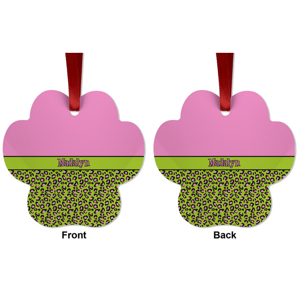 Pink & Lime Green Leopard Metal Paw Ornament - Front and Back
