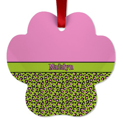 Pink & Lime Green Leopard Metal Paw Ornament - Double Sided w/ Name or Text