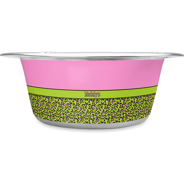 Custom Pink & Lime Green Leopard Stainless Steel Dog Bowl (Personalized)