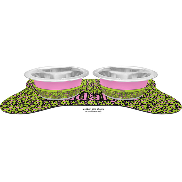 Pink & Lime Green Leopard Metal Pet Bowls - On Dog Bone Shaped Mat