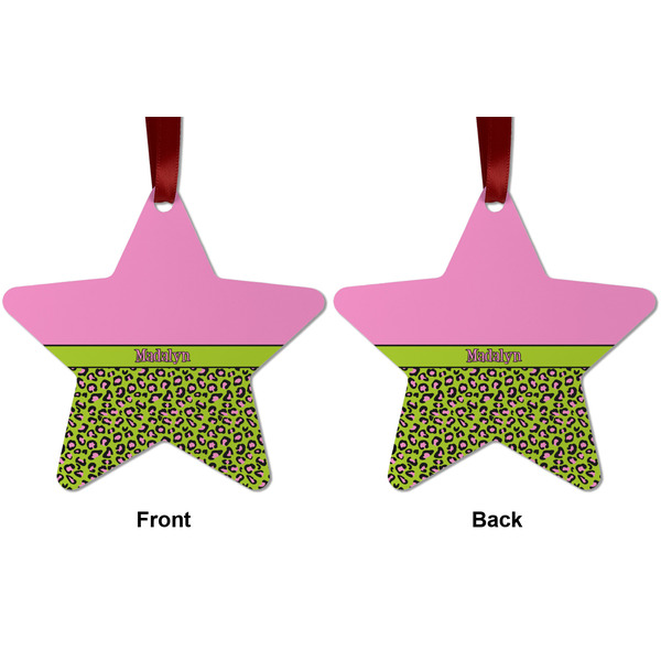 Pink & Lime Green Leopard Metal Star Ornament - Front and Back