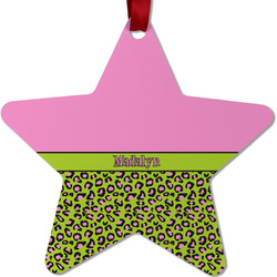 Pink & Lime Green Leopard Metal Star Ornament - Double Sided w/ Name or Text