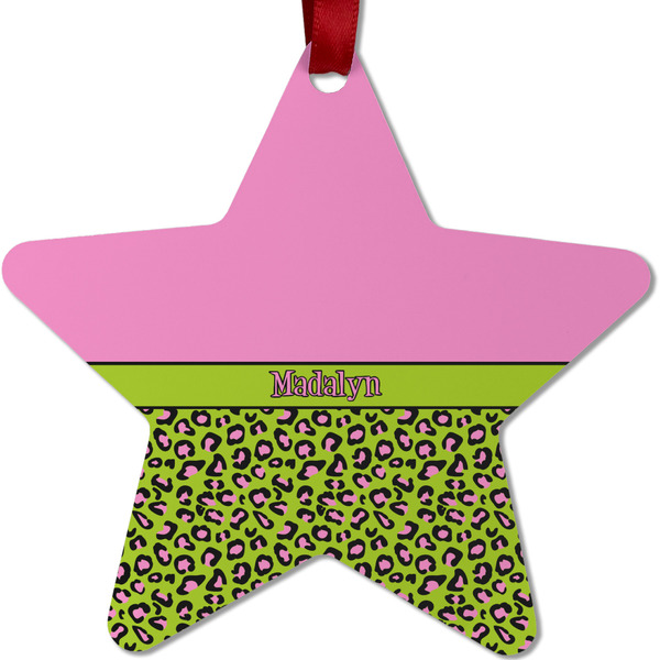 Custom Pink & Lime Green Leopard Metal Star Ornament - Double Sided w/ Name or Text