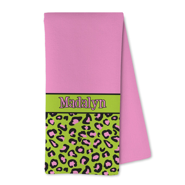 Custom Pink & Lime Green Leopard Kitchen Towel - Microfiber (Personalized)