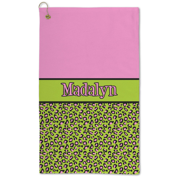 Custom Pink & Lime Green Leopard Microfiber Golf Towel - Large (Personalized)