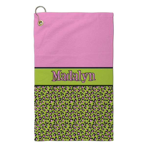 Custom Pink & Lime Green Leopard Microfiber Golf Towel - Small (Personalized)