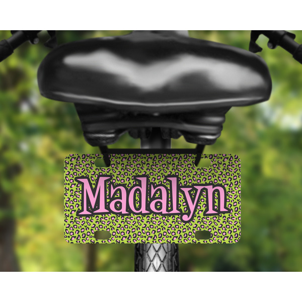 Pink & Lime Green Leopard Mini License Plate on Bicycle