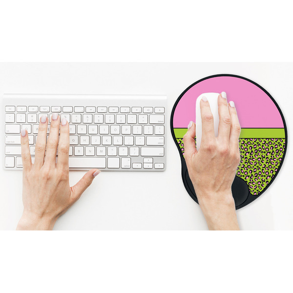 Pink & Lime Green Leopard Mouse Pad with Wrist Rest - LIFESYTLE 2 (in use)