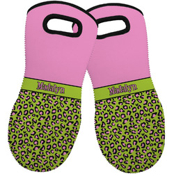 Pink & Lime Green Leopard Neoprene Oven Mitts - Set of 2 w/ Name or Text