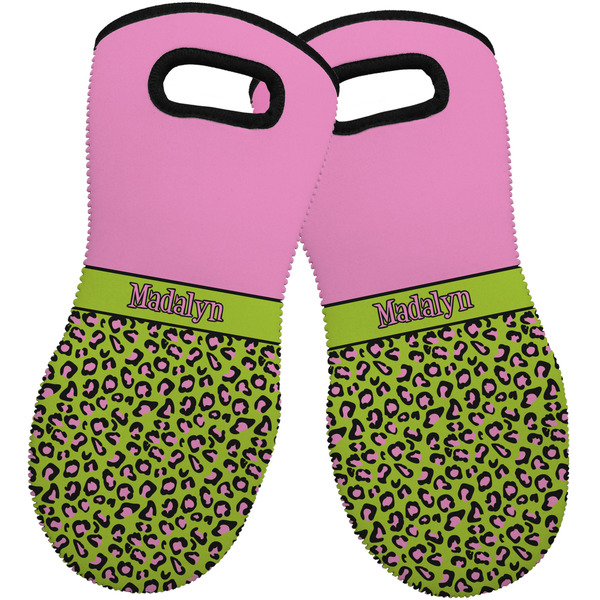 Custom Pink & Lime Green Leopard Neoprene Oven Mitts - Set of 2 w/ Name or Text