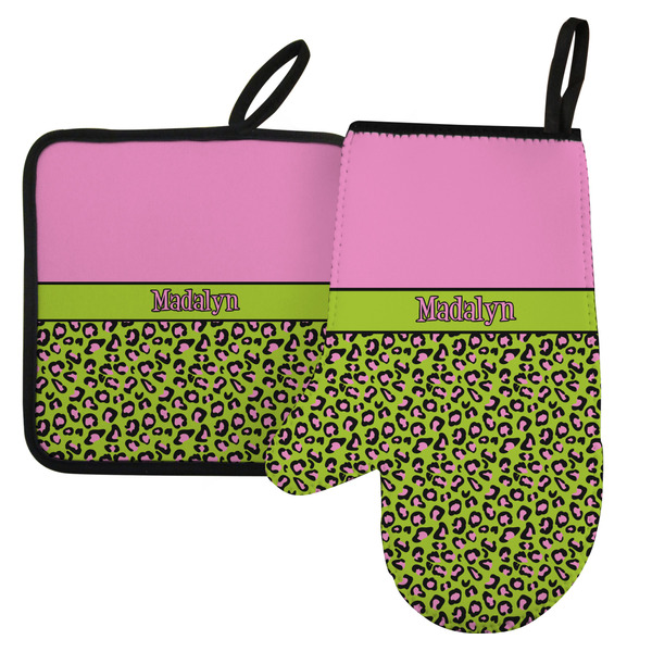Custom Pink & Lime Green Leopard Left Oven Mitt & Pot Holder Set w/ Name or Text