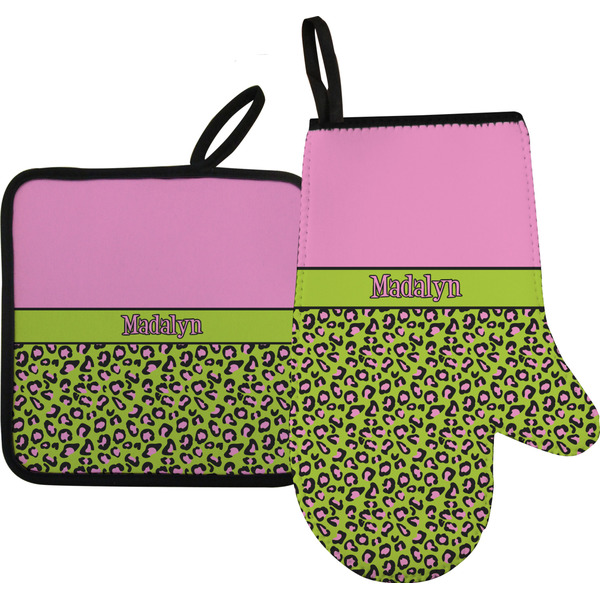 Custom Pink & Lime Green Leopard Oven Mitt & Pot Holder Set w/ Name or Text