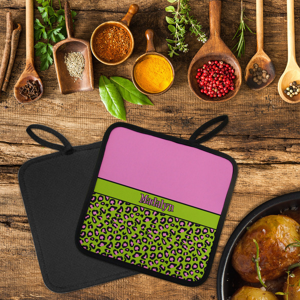 Pink & Lime Green Leopard Neoprene Pot Holder - Set of 2  LIFESTYLE (Flatlay)