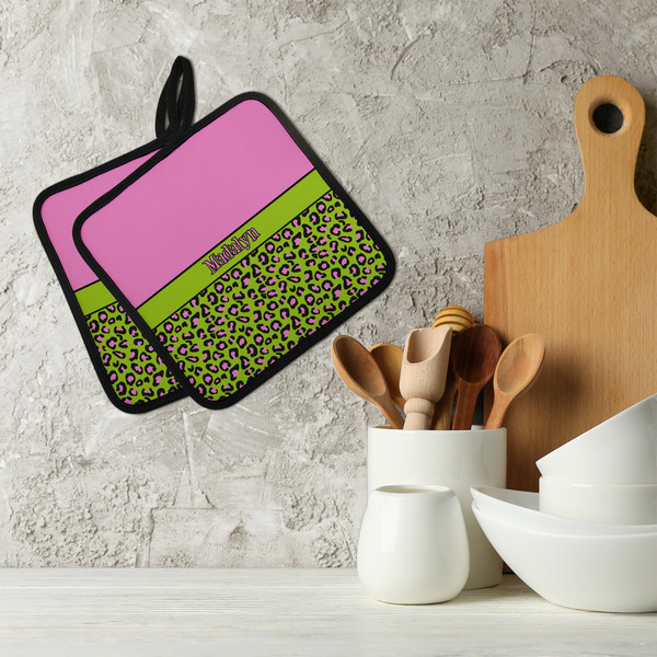 Pink & Lime Green Leopard Neoprene Pot Holder - Set of 2  LIFESTYLE