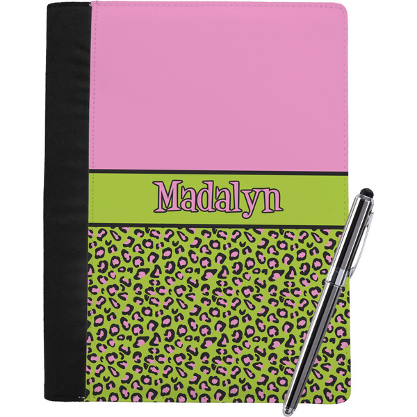 Custom Pink & Lime Green Leopard Notebook Padfolio - Large w/ Name or Text