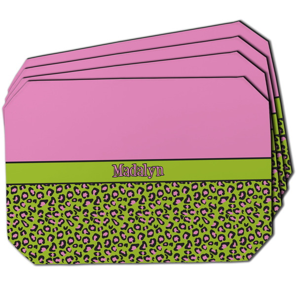 Custom Pink & Lime Green Leopard Dining Table Mat - Octagon w/ Name or Text