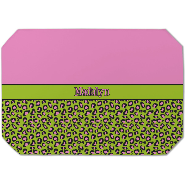 Custom Pink & Lime Green Leopard Dining Table Mat - Octagon (Single-Sided) w/ Name or Text