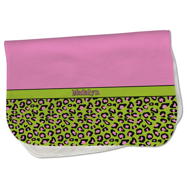 Custom Pink & Lime Green Leopard Burp Cloth - Fleece w/ Name or Text