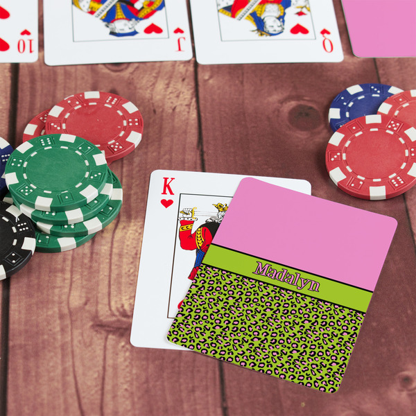 Pink & Lime Green Leopard On Table with Poker Chips