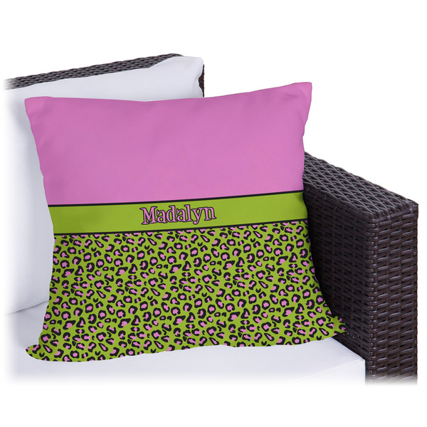 Custom Pink & Lime Green Leopard Outdoor Pillow - 16" (Personalized)