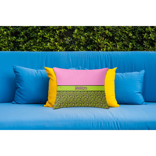 Pink & Lime Green Leopard Outdoor Throw Pillow  - LIFESTYLE (Rectangular - 20x14)
