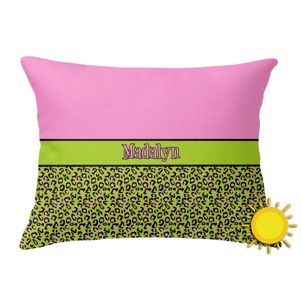 Custom Pink & Lime Green Leopard Outdoor Throw Pillow (Rectangular) (Personalized)